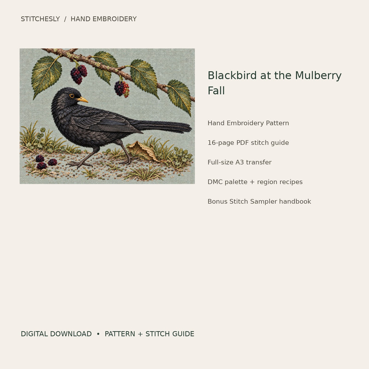 Blackbird at the Mulberry Fall: digital hand embroidery pattern cover with artwork and included files