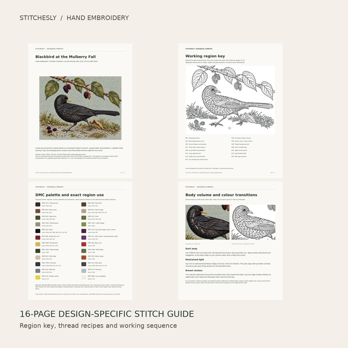 Blackbird at the Mulberry Fall: preview of the 16-page stitch guide, region key, DMC palette and stitching instructions