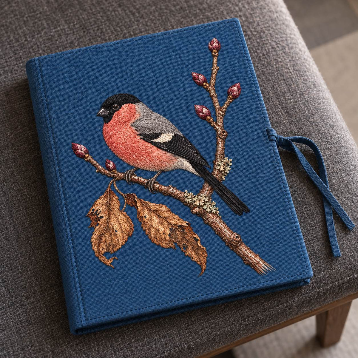 Bullfinch Under the Winter Buds visual mockup shown on a cloth portfolio cover, with the design on muted blue linen.