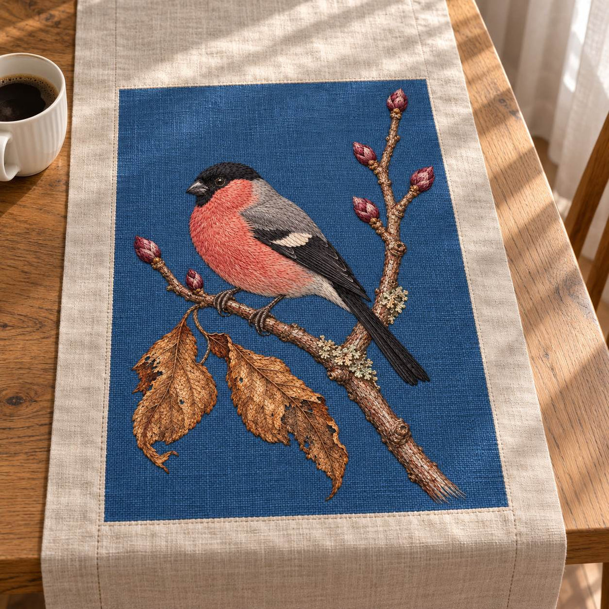 Bullfinch Under the Winter Buds visual mockup shown on a textile runner over a console, with the design on muted blue linen.