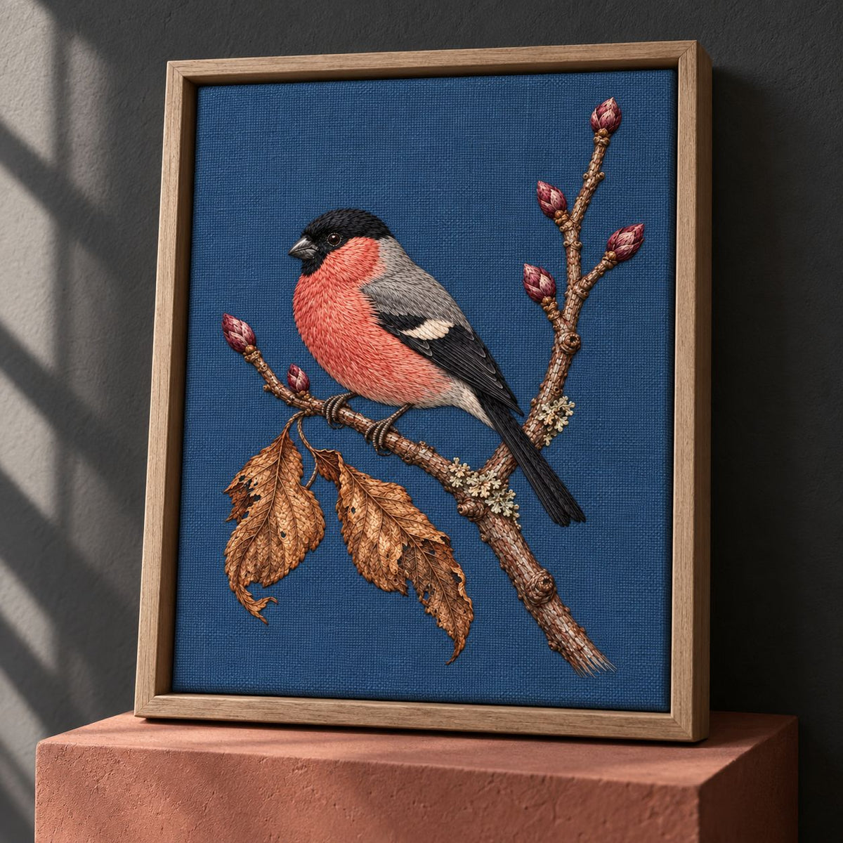 Bullfinch Under the Winter Buds visual mockup shown in a frame leaning on a mantel, with the design on muted blue linen.