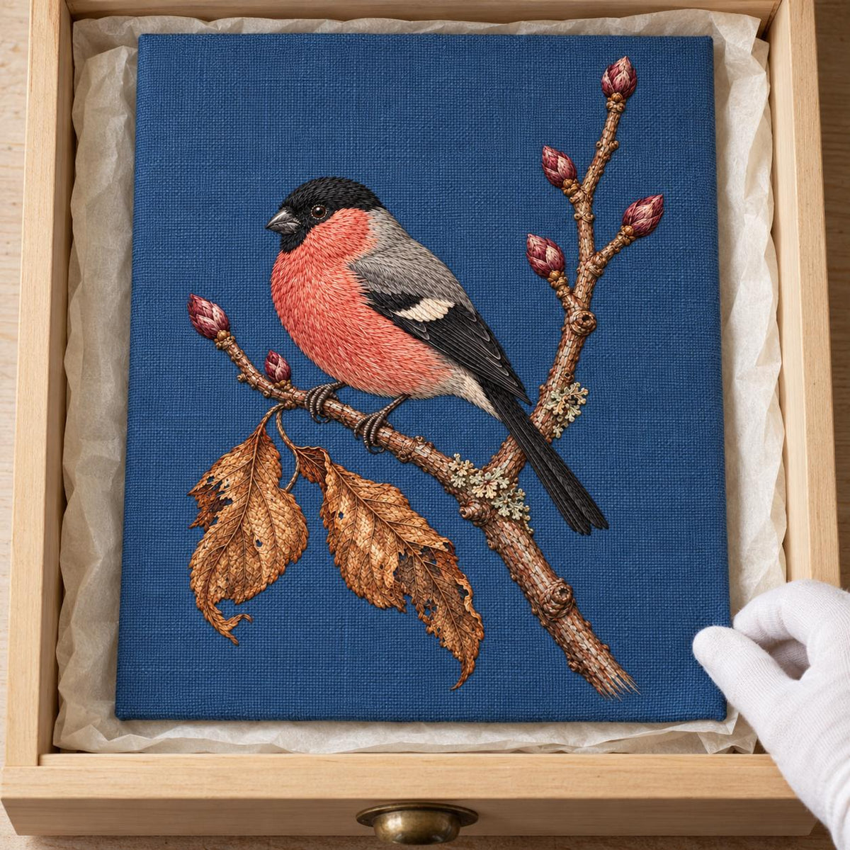 Bullfinch Under the Winter Buds visual mockup shown as a textile panel in a collection tray, with the design on muted blue linen.