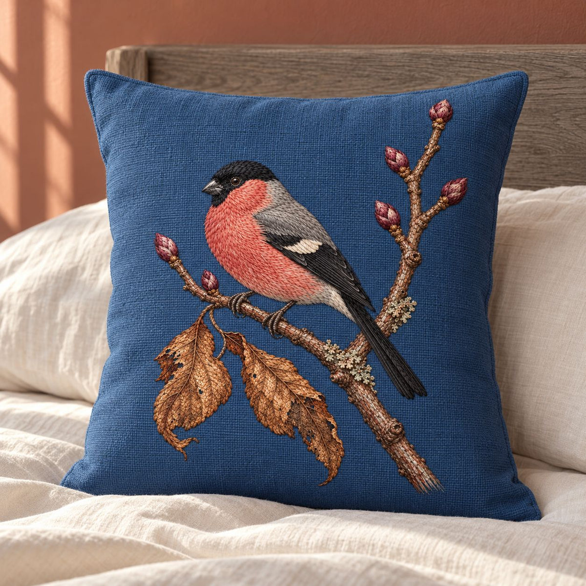 Bullfinch Under the Winter Buds visual mockup shown on a cushion beside a window, with the design on muted blue linen.