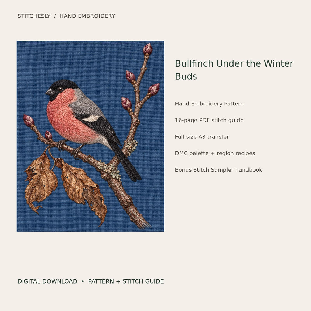 Bullfinch Under the Winter Buds: digital hand embroidery pattern cover with artwork and included files
