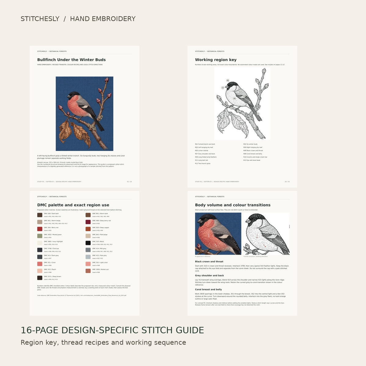 Bullfinch Under the Winter Buds: preview of the 16-page stitch guide, region key, DMC palette and stitching instructions