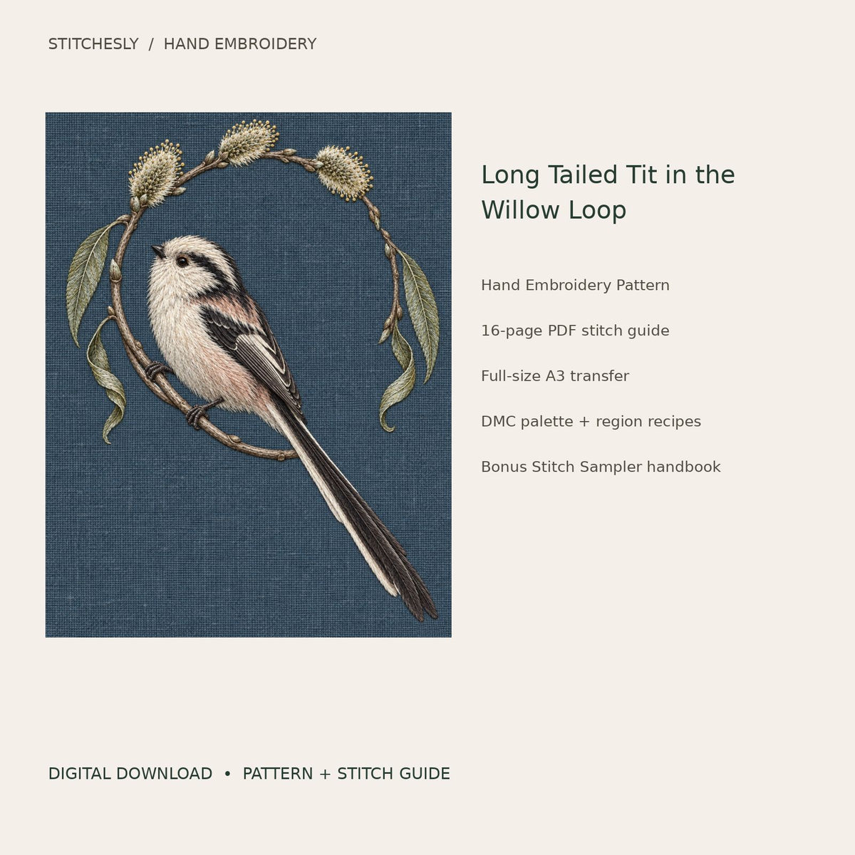 Long Tailed Tit in the Willow Loop: digital hand embroidery pattern cover with artwork and included files