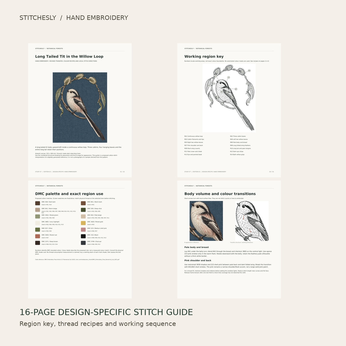 Long Tailed Tit in the Willow Loop: preview of the 16-page stitch guide, region key, DMC palette and stitching instructions