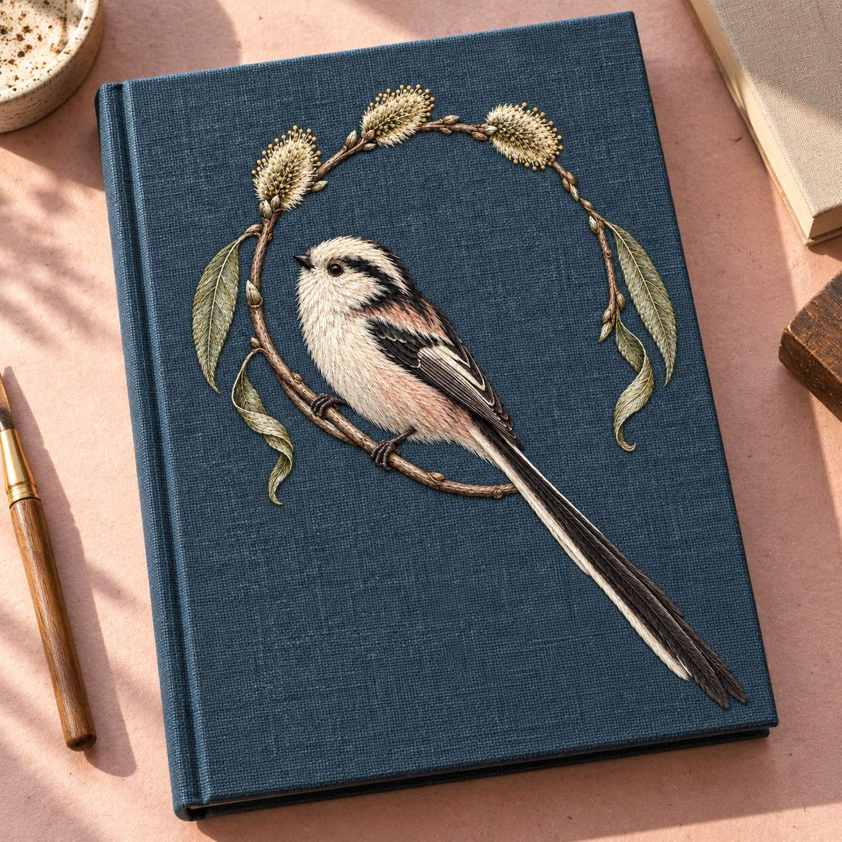 Long Tailed Tit in the Willow Loop visual mockup shown on a cloth portfolio cover, with the design on dark slate-blue linen.