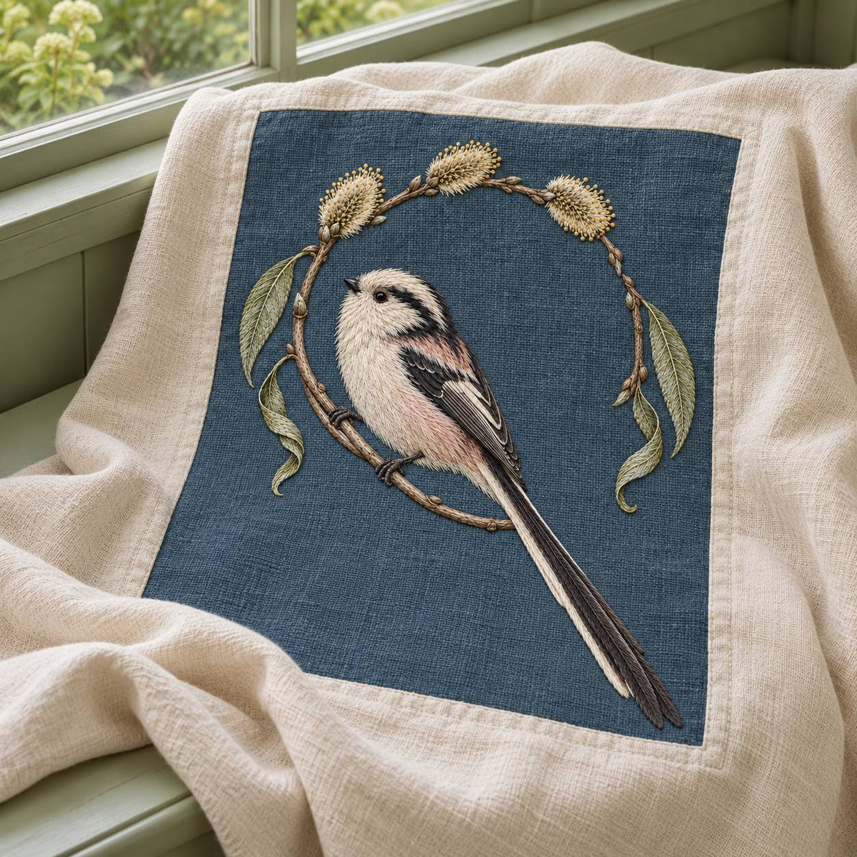 Long Tailed Tit in the Willow Loop visual mockup shown on a textile runner over a console, with the design on dark slate-blue linen.