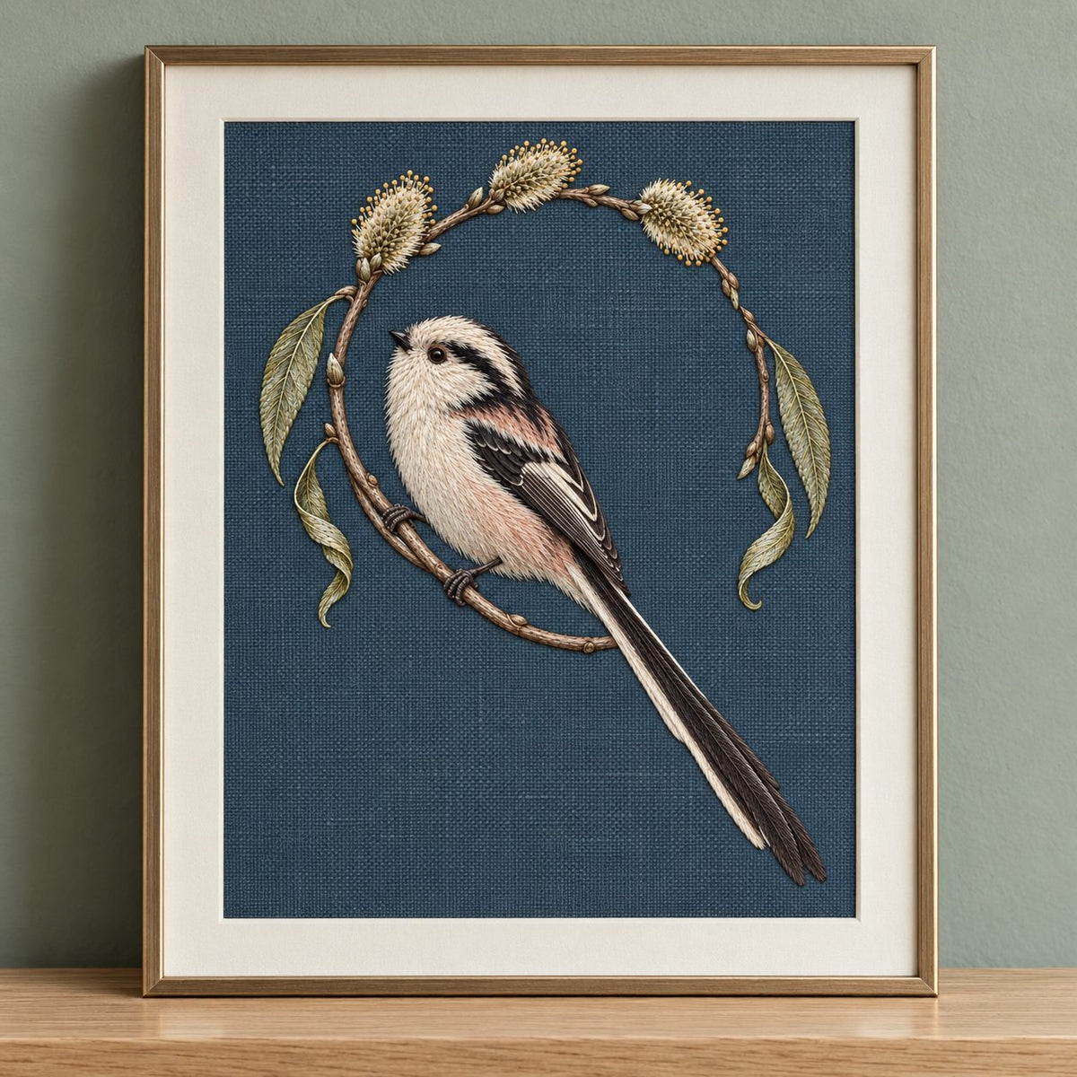 Long Tailed Tit in the Willow Loop visual mockup shown as a framed textile in a gallery niche, with the design on dark slate-blue linen.