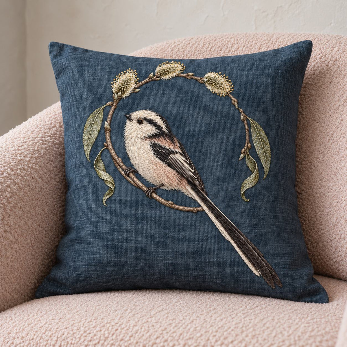 Long Tailed Tit in the Willow Loop visual mockup shown on a cushion in a lounge chair, with the design on dark slate-blue linen.