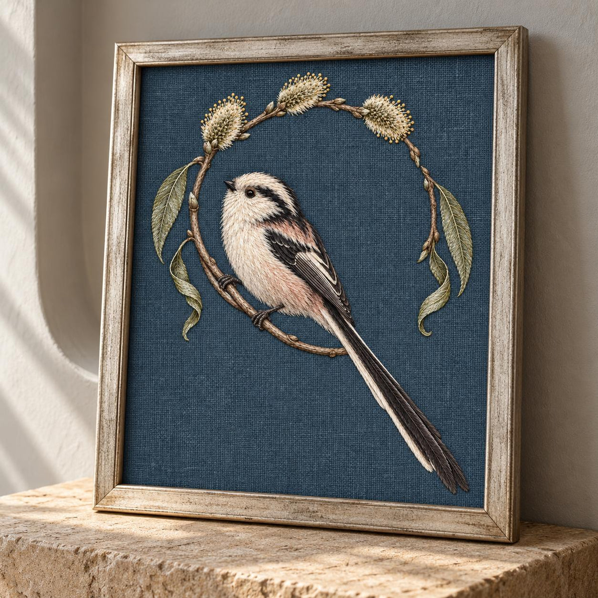 Long Tailed Tit in the Willow Loop visual mockup shown in a frame leaning on a mantel, with the design on dark slate-blue linen.