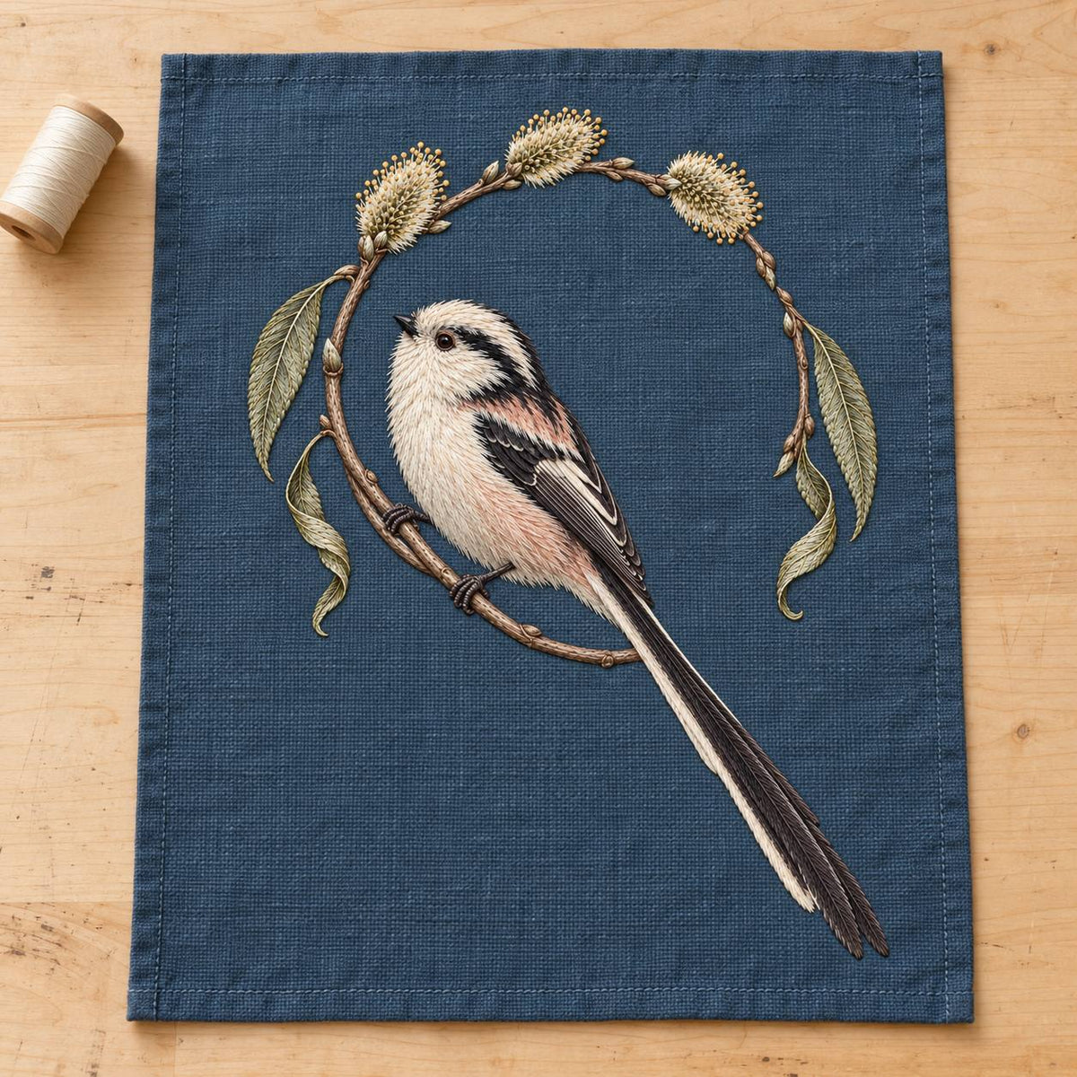 Long Tailed Tit in the Willow Loop visual mockup shown as a textile panel on a stone platform, with the design on dark slate-blue linen.