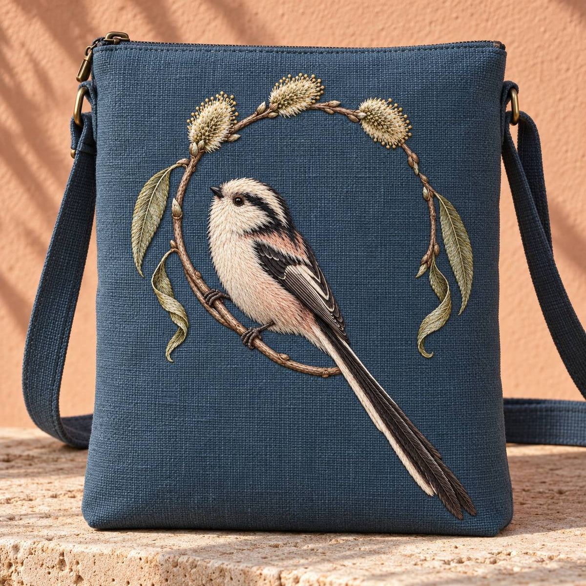 Long Tailed Tit in the Willow Loop visual mockup shown on the front of a structured linen tote, with the design on dark slate-blue linen.