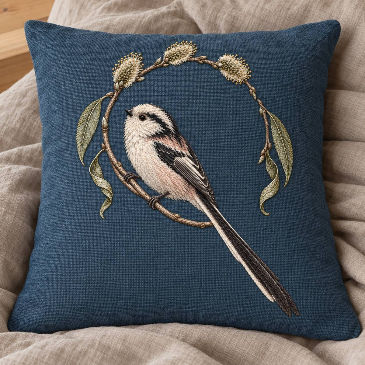 Long Tailed Tit in the Willow Loop visual mockup shown on a cushion beside a window, with the design on dark slate-blue linen.