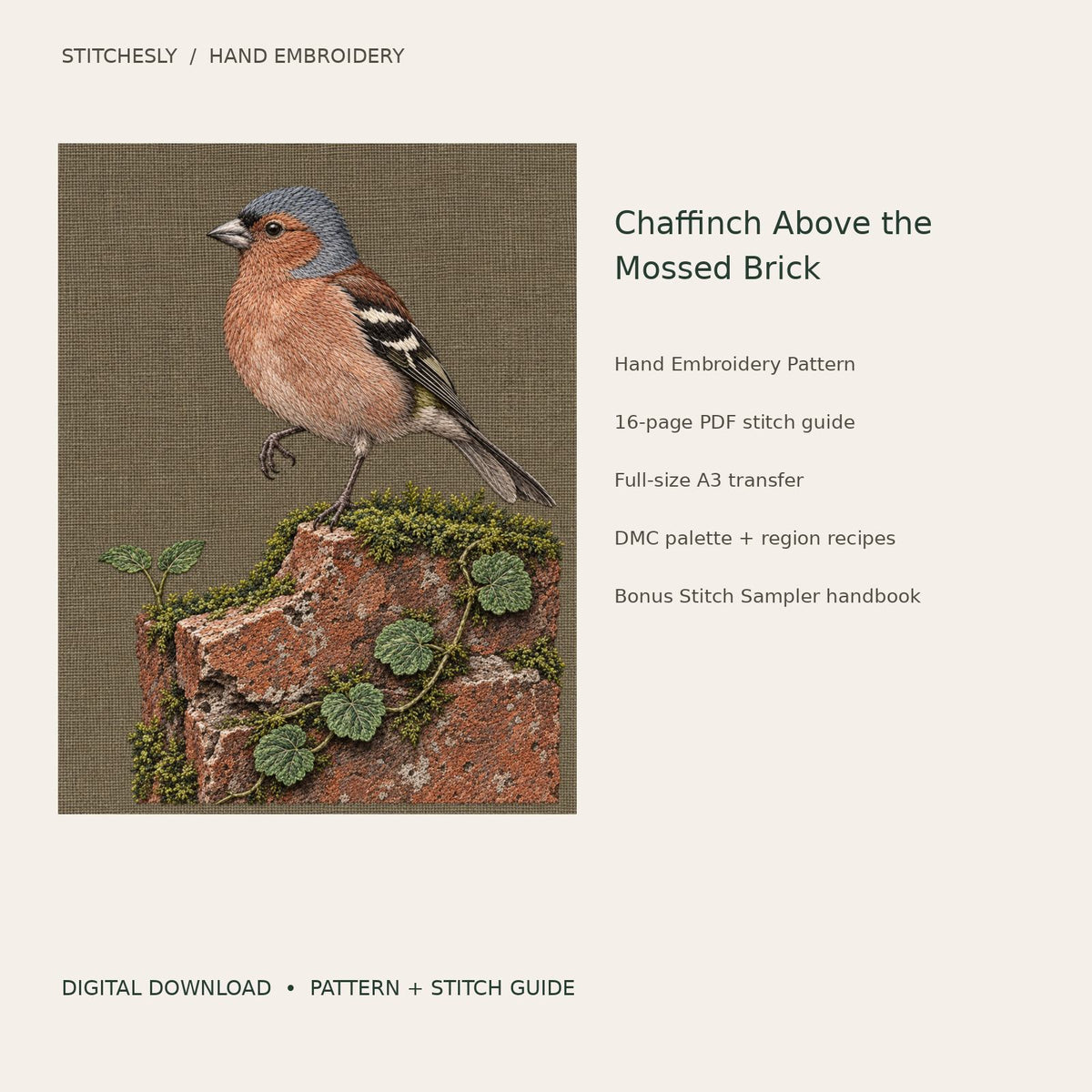 Chaffinch Above the Mossed Brick: digital hand embroidery pattern cover with artwork and included files