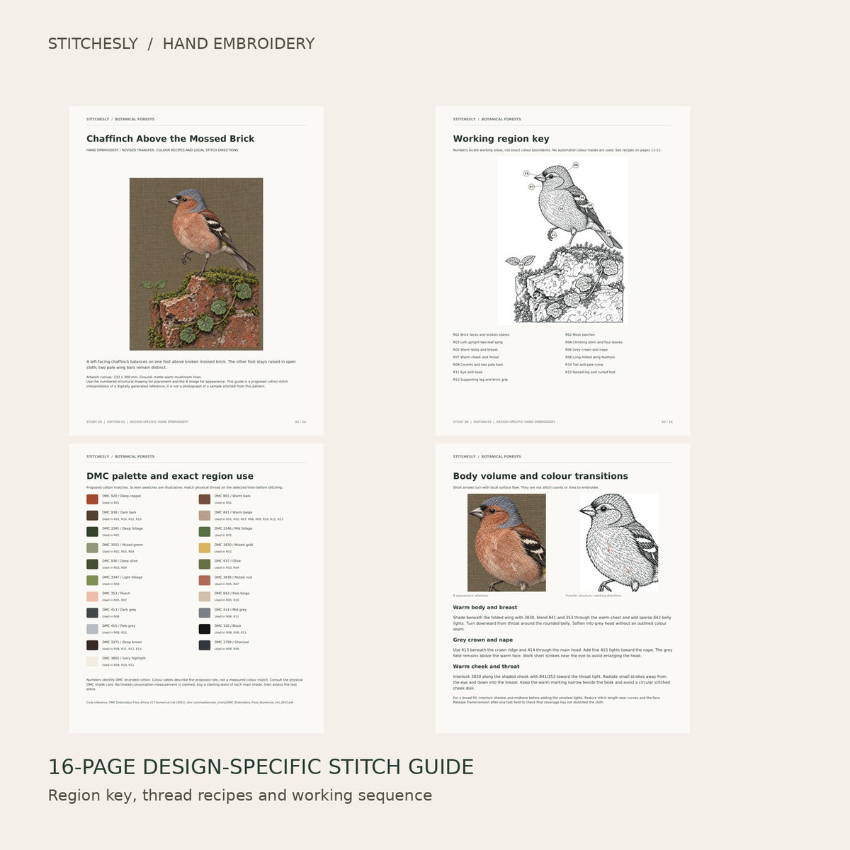 Chaffinch Above the Mossed Brick: preview of the 16-page stitch guide, region key, DMC palette and stitching instructions