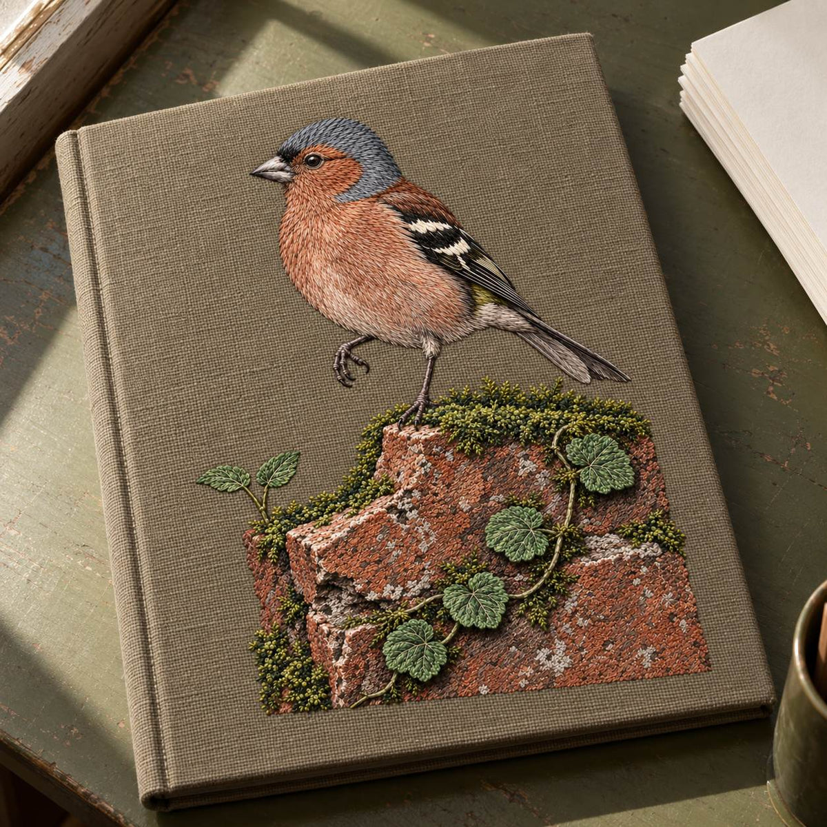 Chaffinch Above the Mossed Brick visual mockup shown on a cloth portfolio cover, with the design on warm mushroom linen.