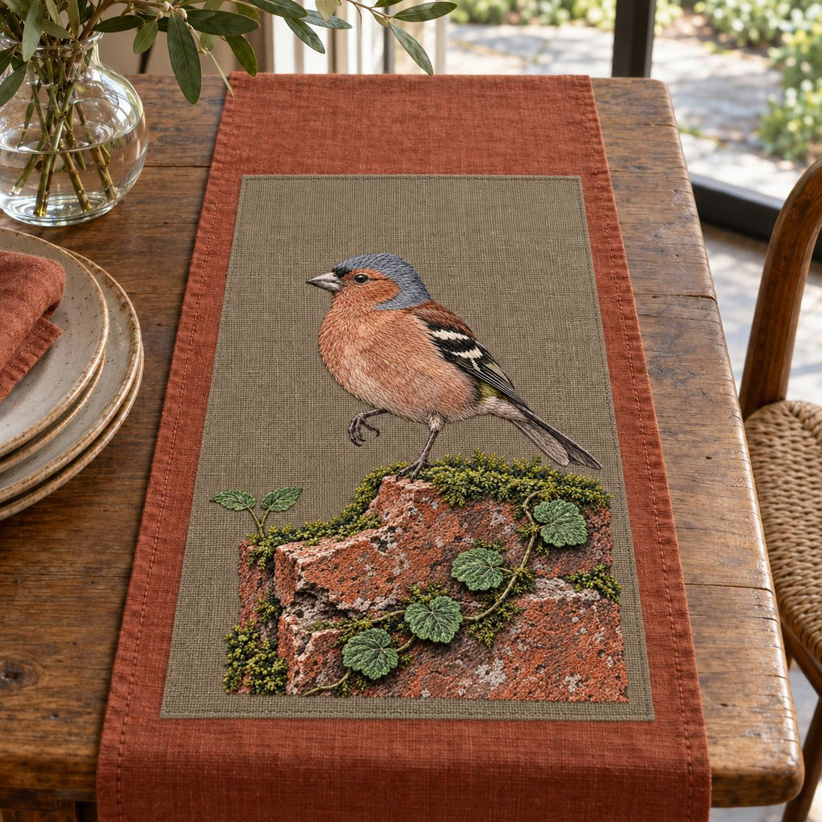 Chaffinch Above the Mossed Brick visual mockup shown on a textile runner over a console, with the design on warm mushroom linen.
