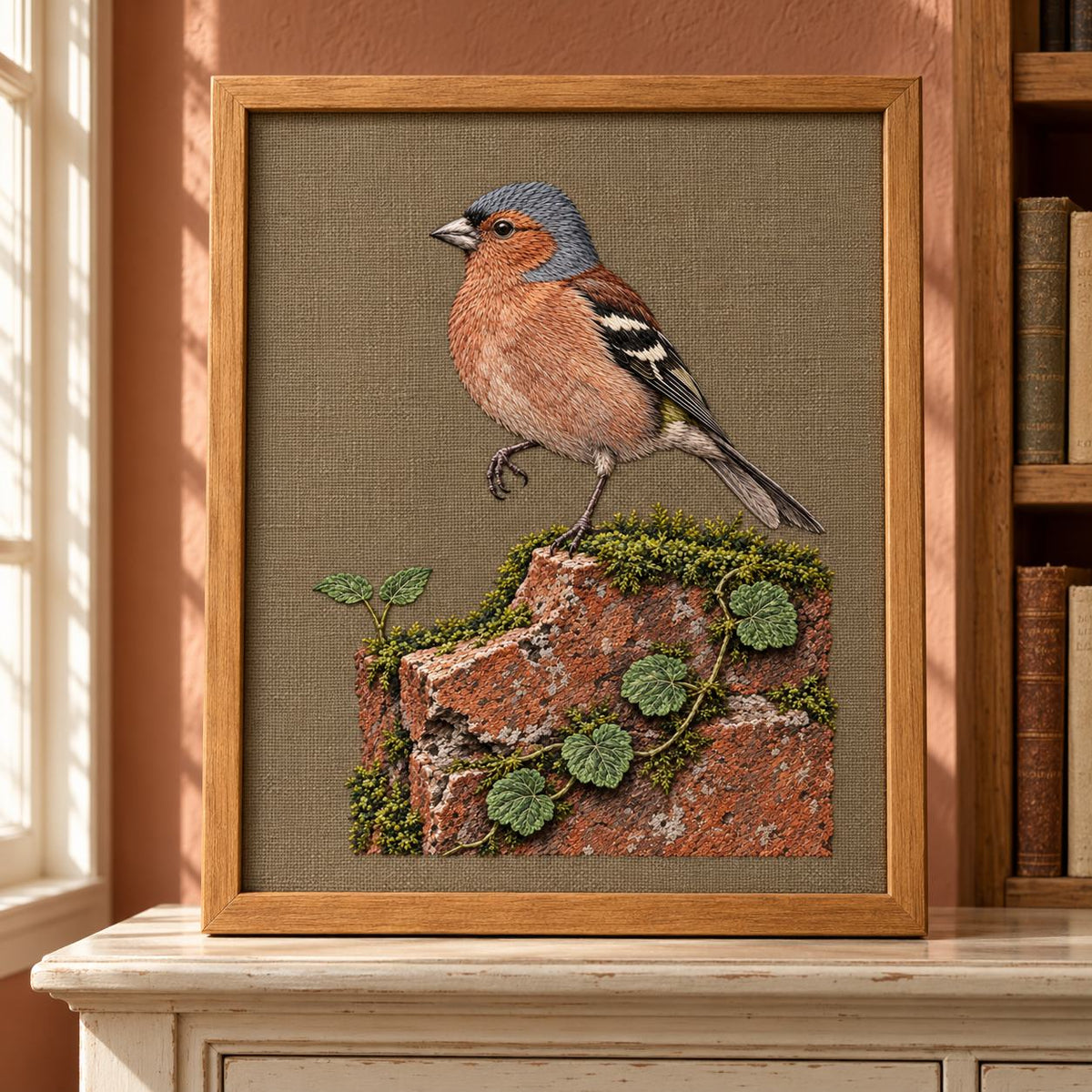 Chaffinch Above the Mossed Brick visual mockup shown as a framed textile in a gallery niche, with the design on warm mushroom linen.