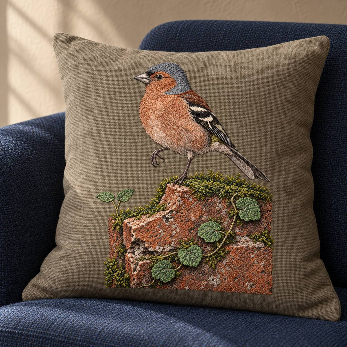 Chaffinch Above the Mossed Brick visual mockup shown on a cushion in a lounge chair, with the design on warm mushroom linen.