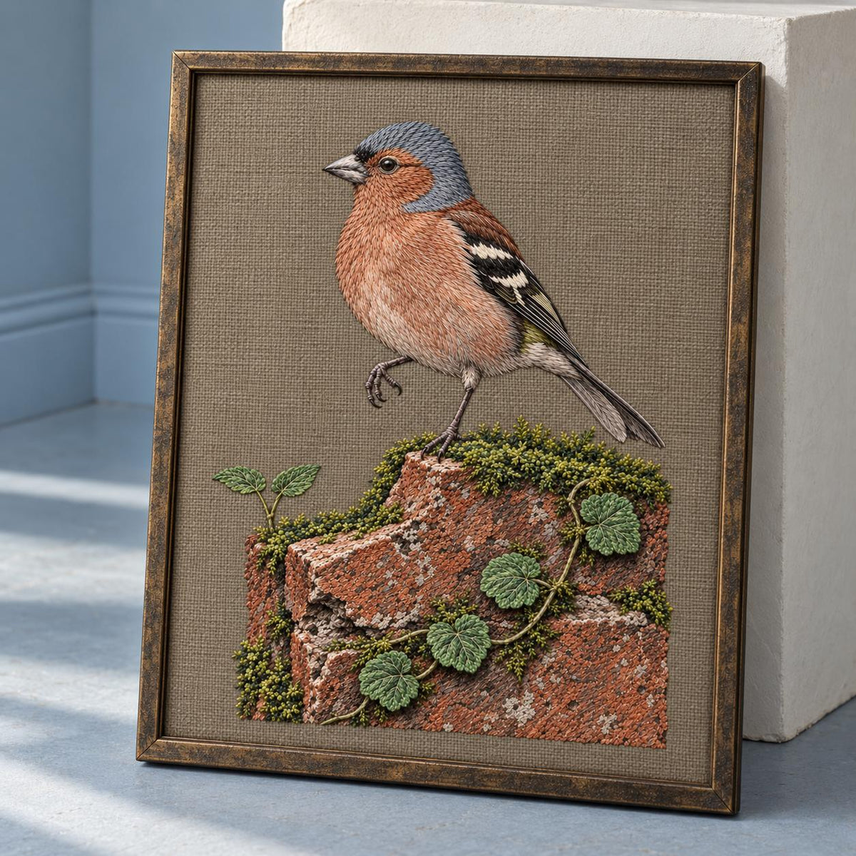 Chaffinch Above the Mossed Brick visual mockup shown in a frame leaning on a mantel, with the design on warm mushroom linen.