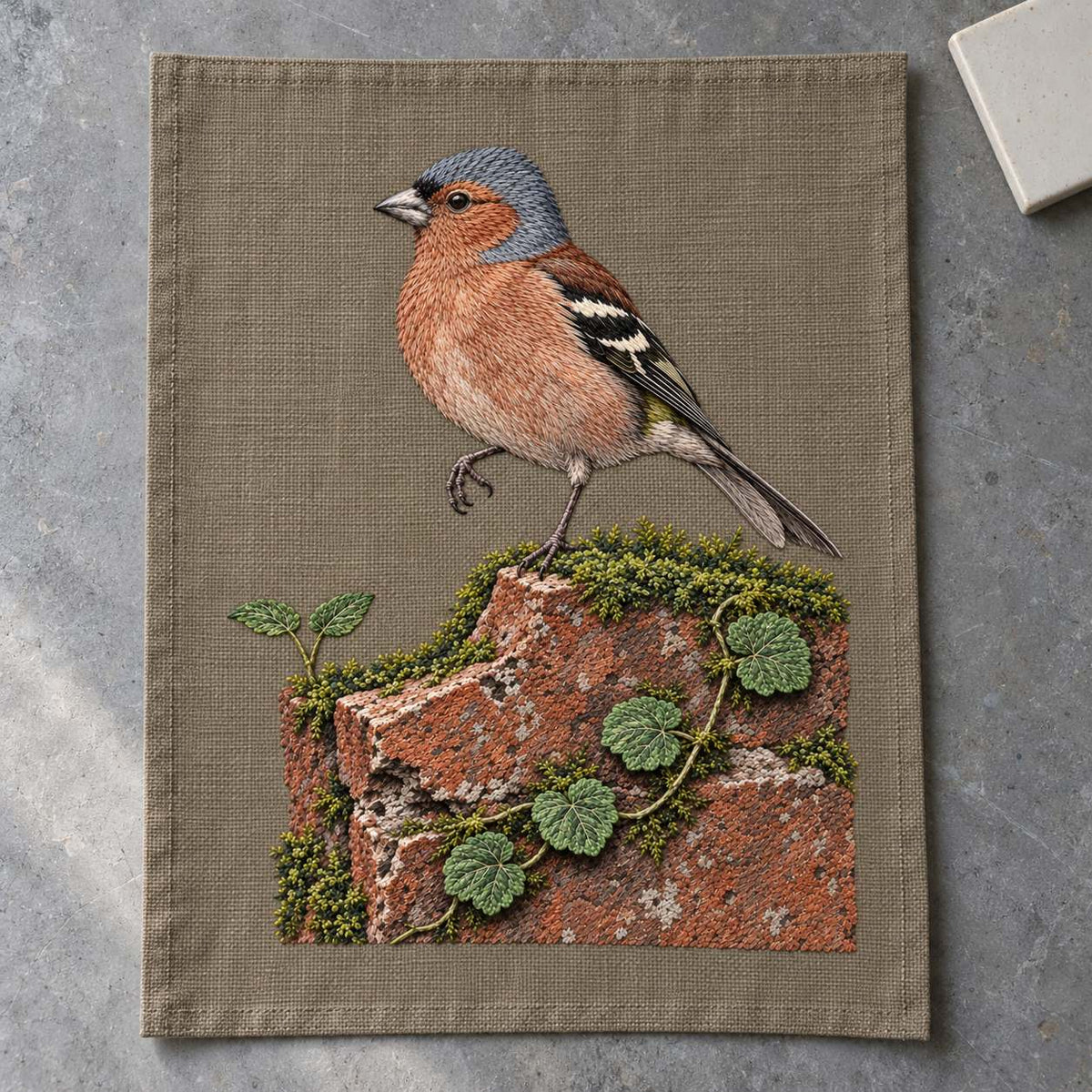 Chaffinch Above the Mossed Brick visual mockup shown as a textile panel on a stone platform, with the design on warm mushroom linen.