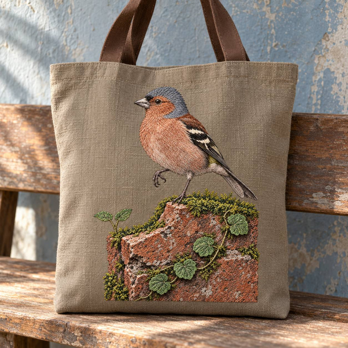 Chaffinch Above the Mossed Brick visual mockup shown on the front of a structured linen tote, with the design on warm mushroom linen.