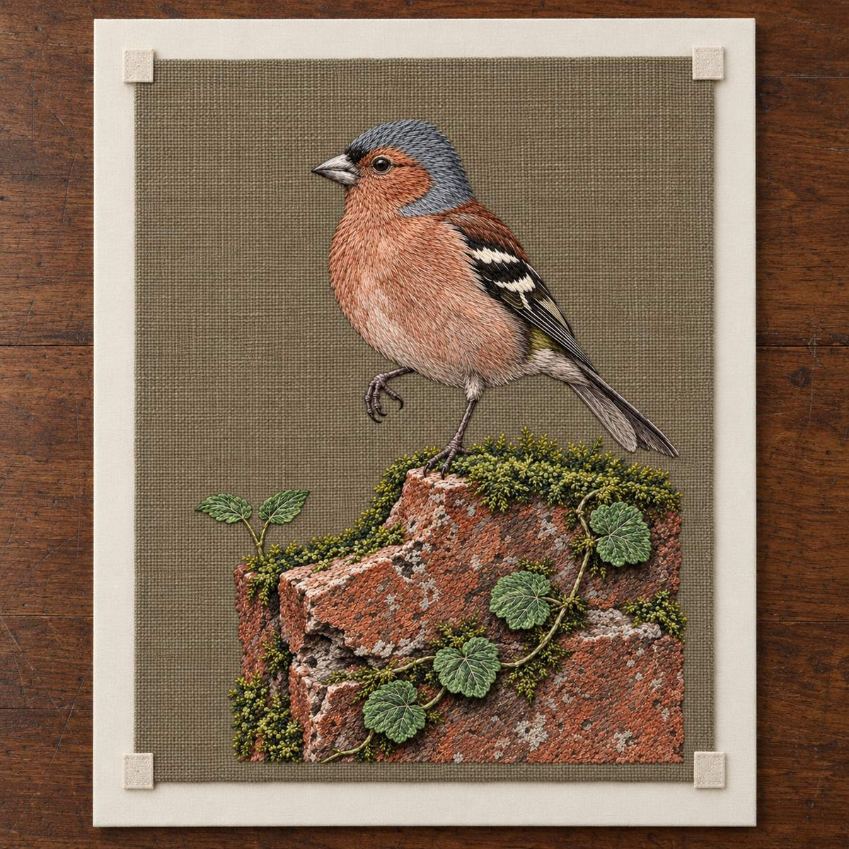 Chaffinch Above the Mossed Brick visual mockup shown as a textile panel in a collection tray, with the design on warm mushroom linen.