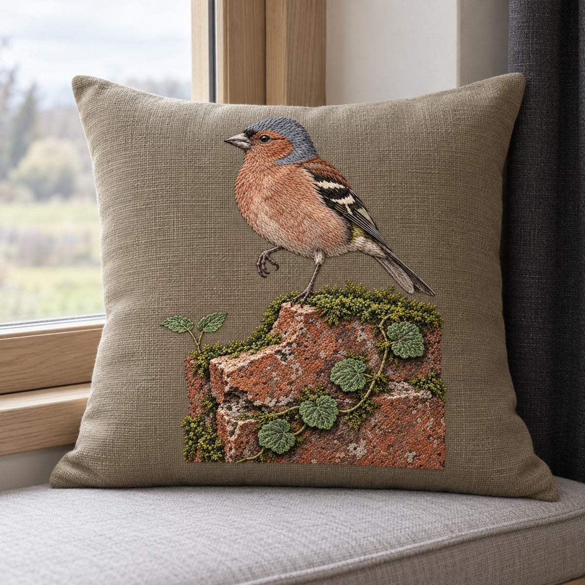 Chaffinch Above the Mossed Brick visual mockup shown on a cushion beside a window, with the design on warm mushroom linen.