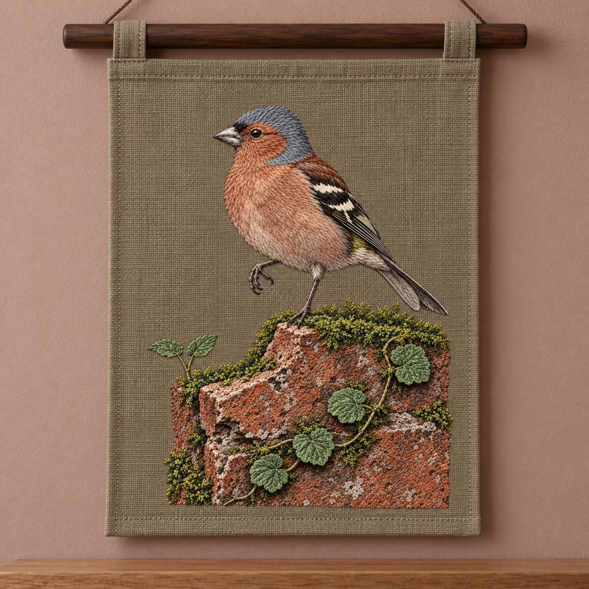 Chaffinch Above the Mossed Brick visual mockup shown as a hanging textile held by wooden rails, with the design on warm mushroom linen.