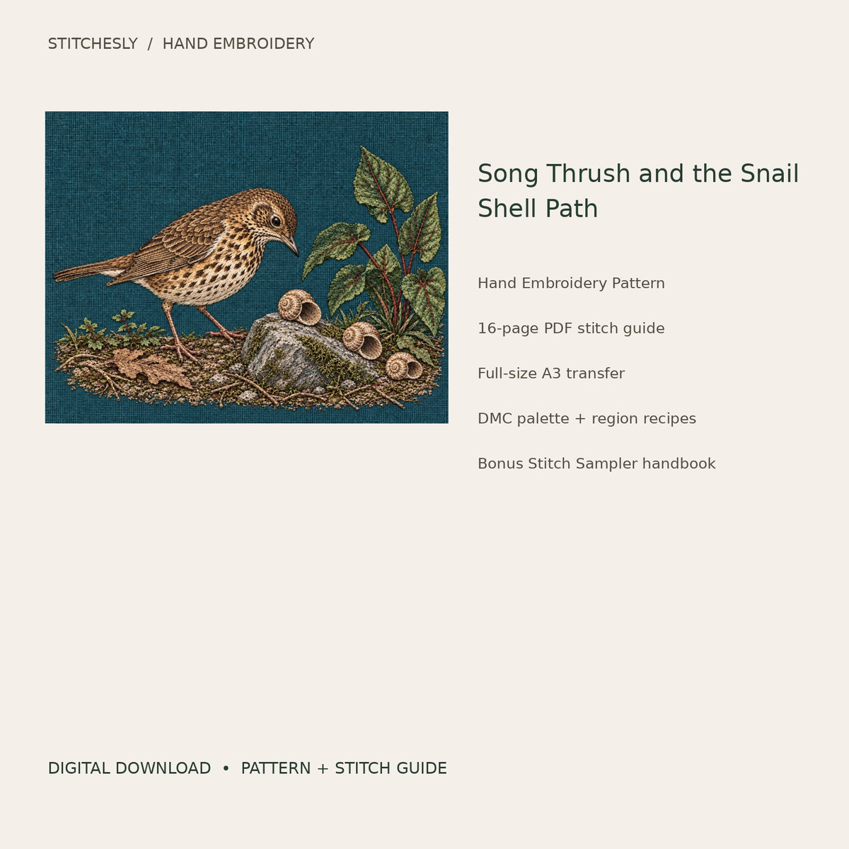 Song Thrush and the Snail Shell Path: digital hand embroidery pattern cover with artwork and included files