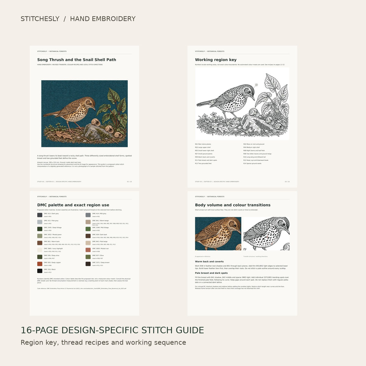 Song Thrush and the Snail Shell Path: preview of the 16-page stitch guide, region key, DMC palette and stitching instructions