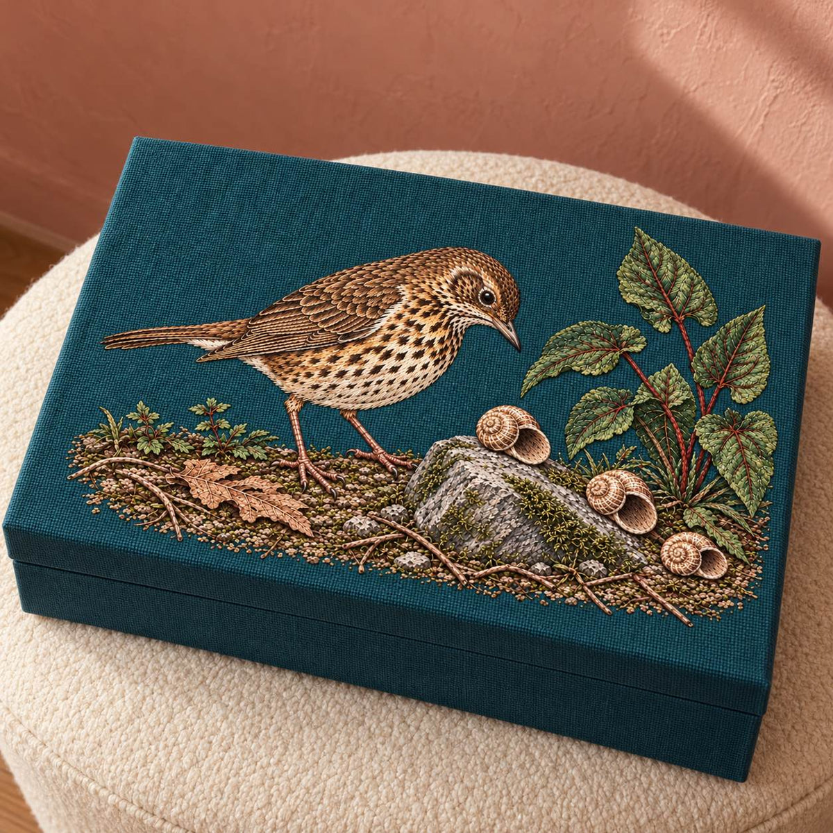 Song Thrush and the Snail Shell Path visual mockup shown on a cloth portfolio cover, with the design on dark teal linen.