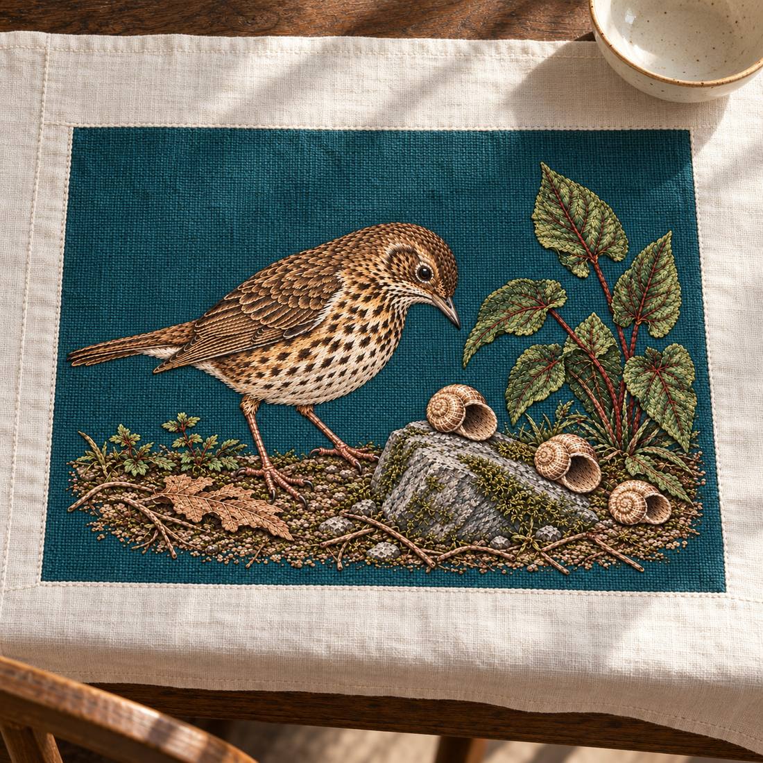 Song Thrush and the Snail Shell Path visual mockup shown on a textile runner over a console, with the design on dark teal linen.