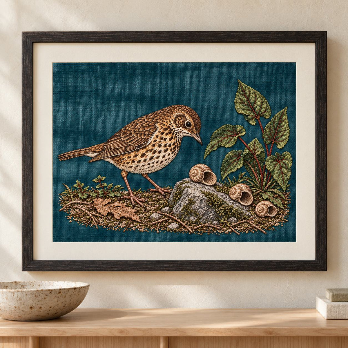 Song Thrush and the Snail Shell Path visual mockup shown as a framed textile in a gallery niche, with the design on dark teal linen.