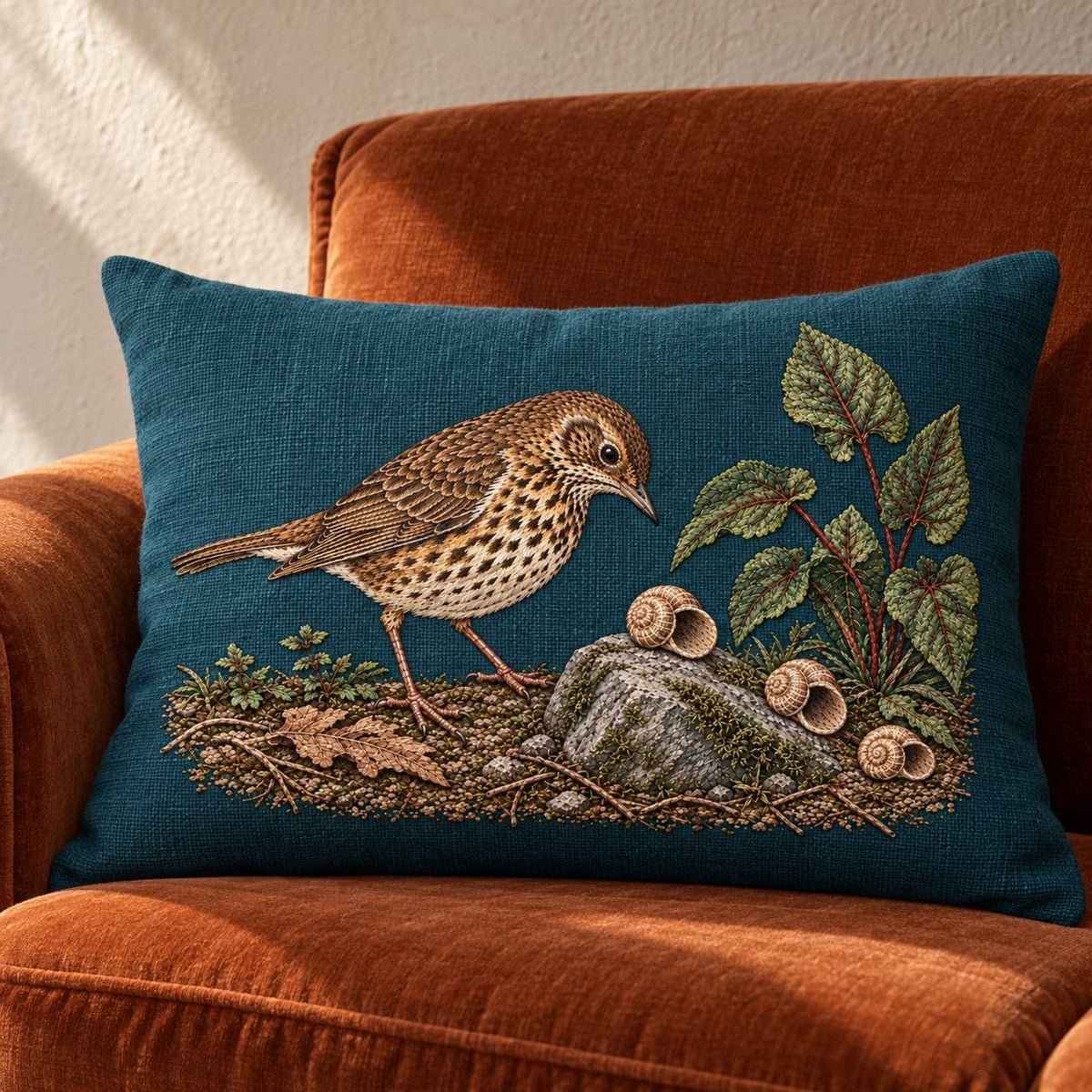 Song Thrush and the Snail Shell Path visual mockup shown on a cushion in a lounge chair, with the design on dark teal linen.