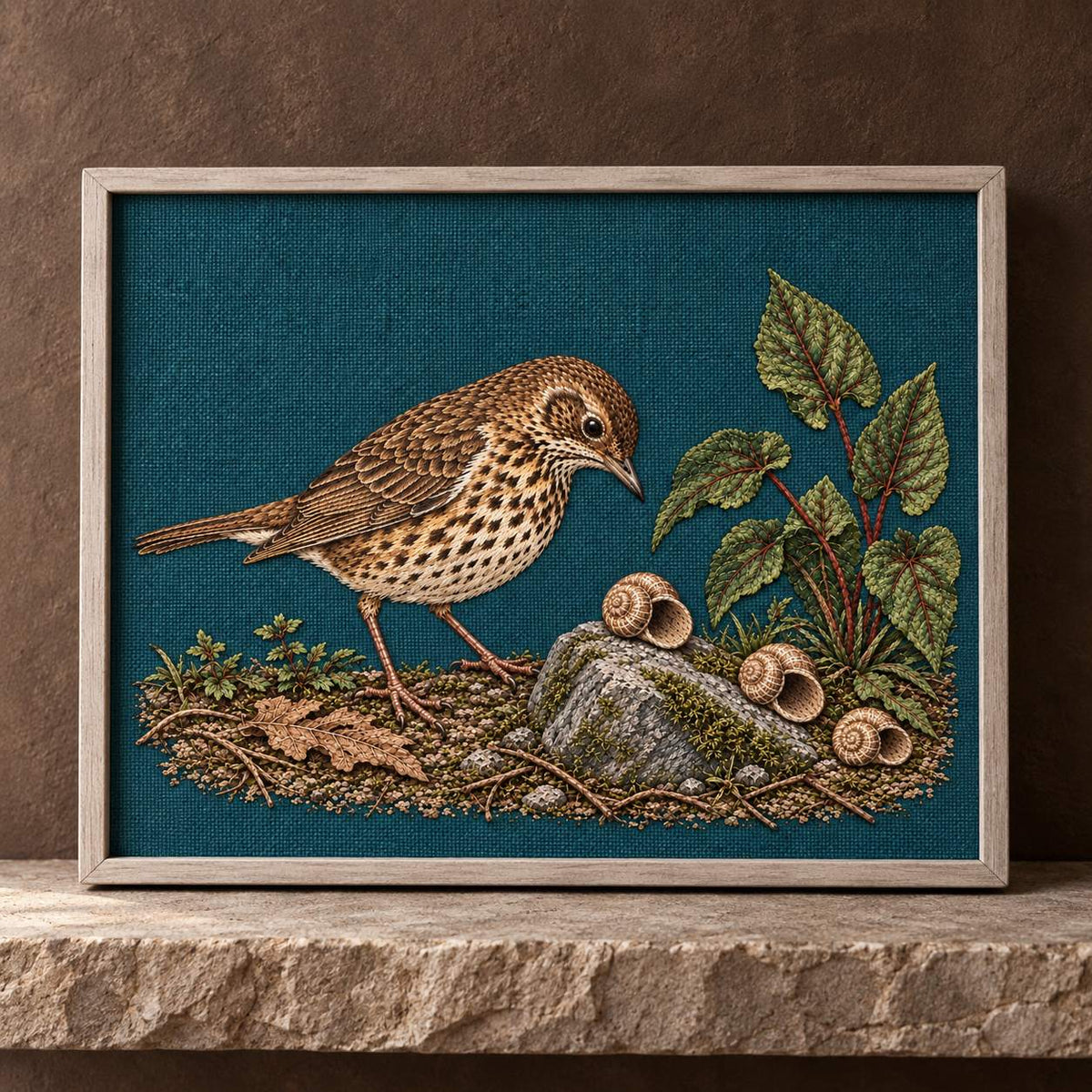 Song Thrush and the Snail Shell Path visual mockup shown in a frame leaning on a mantel, with the design on dark teal linen.