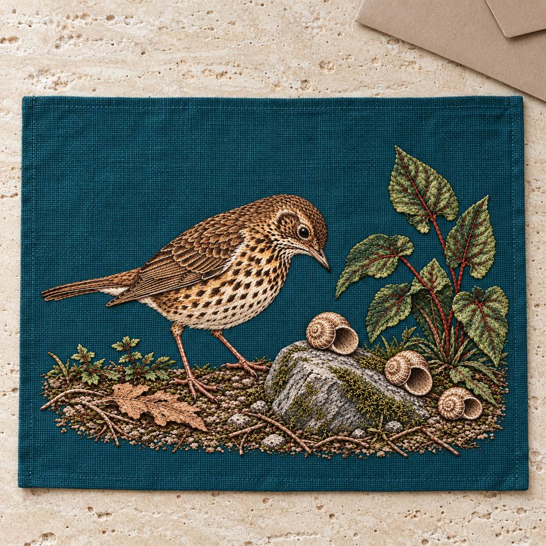 Song Thrush and the Snail Shell Path visual mockup shown as a textile panel on a stone platform, with the design on dark teal linen.