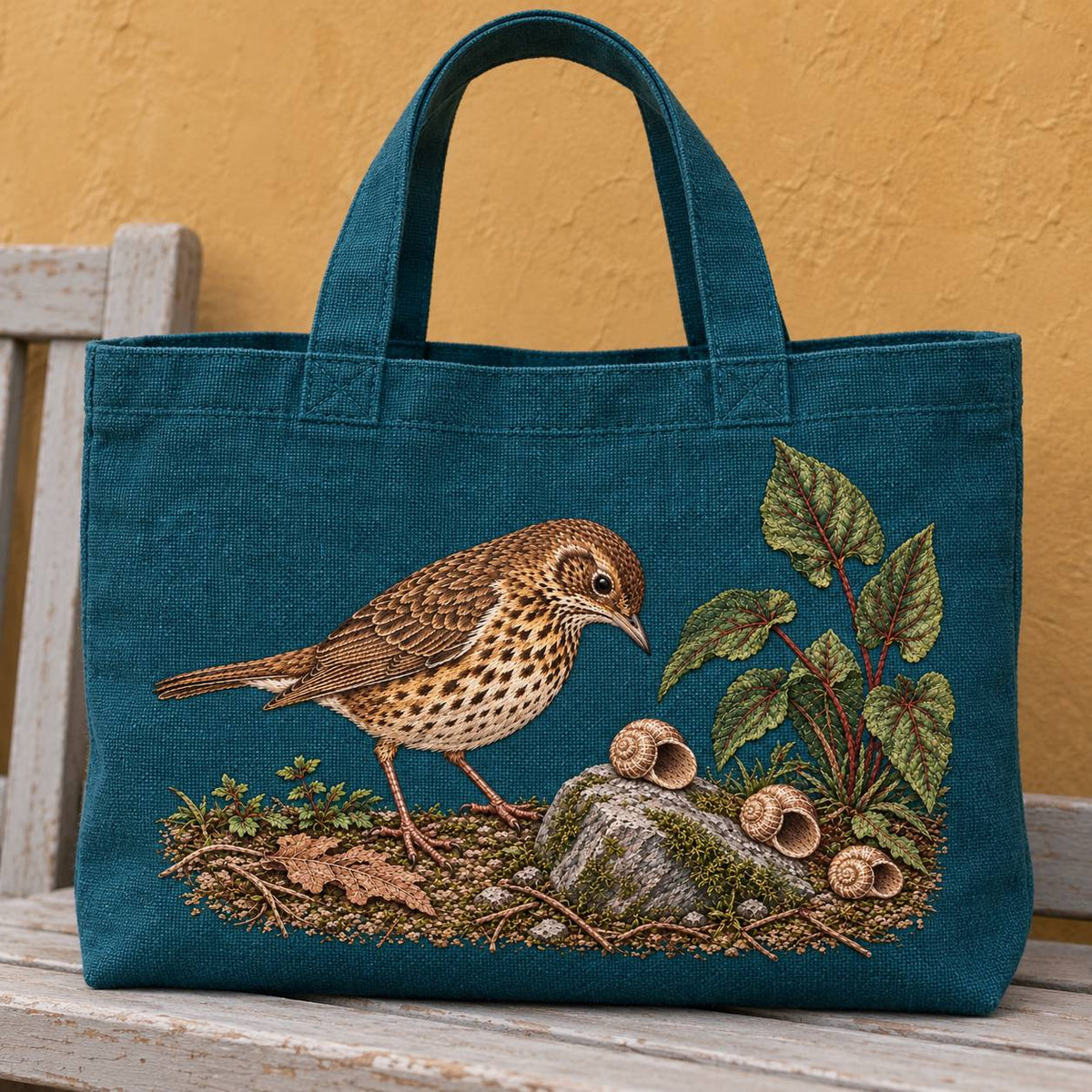 Song Thrush and the Snail Shell Path visual mockup shown on the front of a structured linen tote, with the design on dark teal linen.