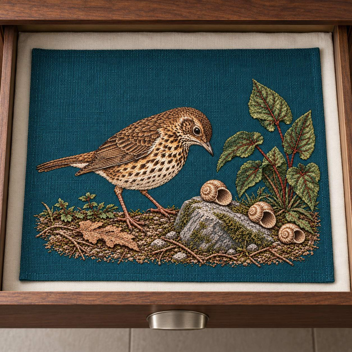 Song Thrush and the Snail Shell Path visual mockup shown as a textile panel in a collection tray, with the design on dark teal linen.