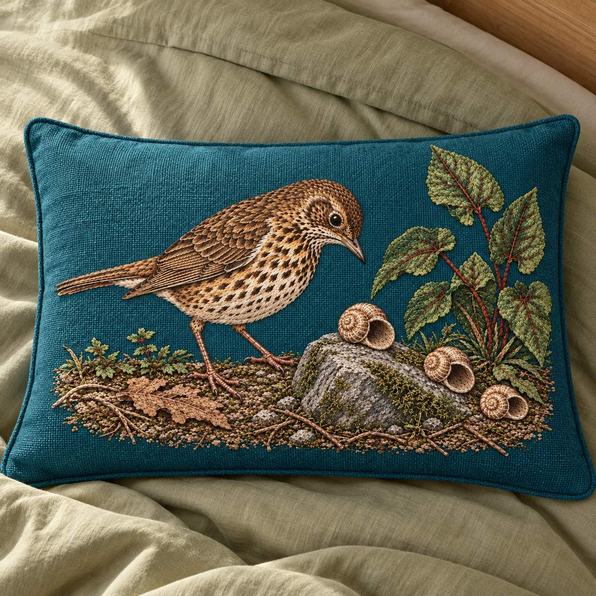 Song Thrush and the Snail Shell Path visual mockup shown on a cushion beside a window, with the design on dark teal linen.