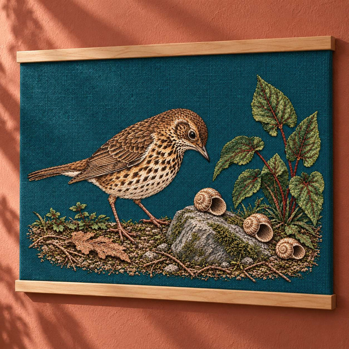 Song Thrush and the Snail Shell Path visual mockup shown as a hanging textile held by wooden rails, with the design on dark teal linen.
