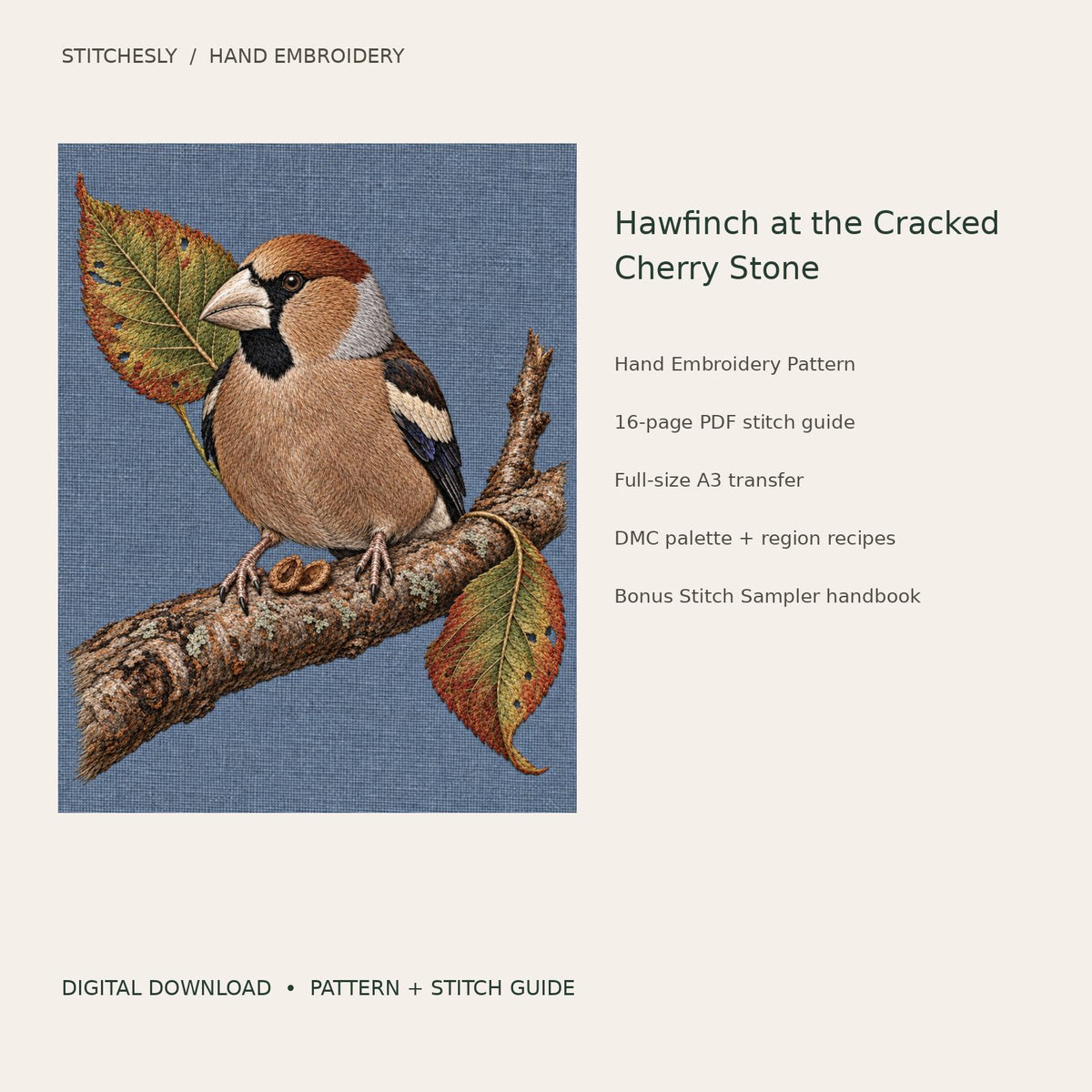 Hawfinch at the Cracked Cherry Stone: digital hand embroidery pattern cover with artwork and included files