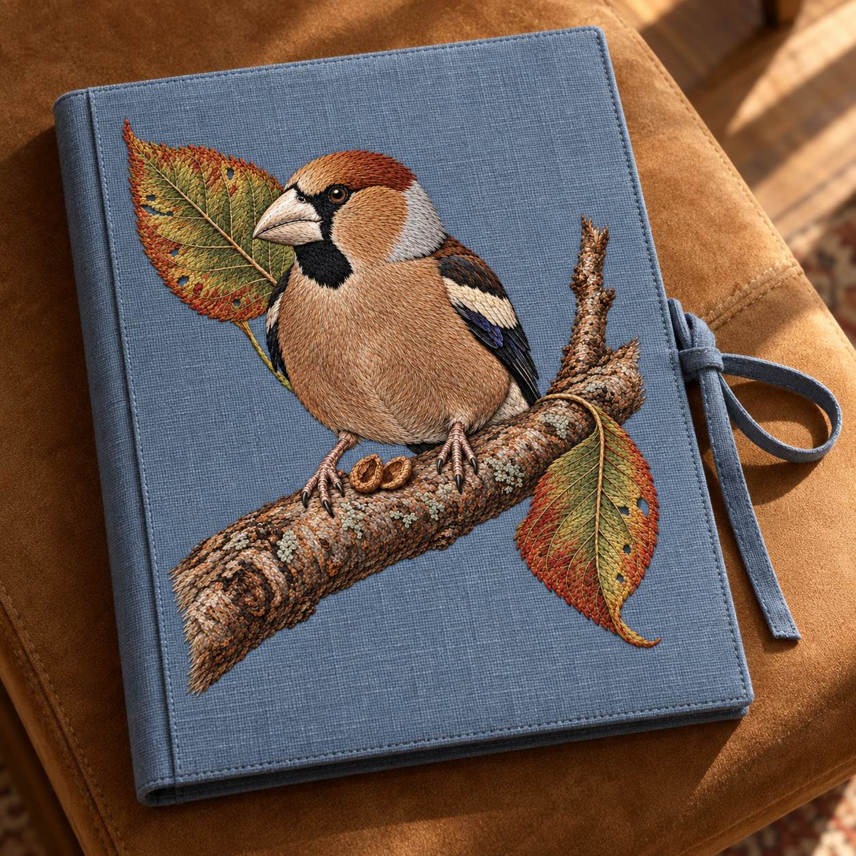 Hawfinch at the Cracked Cherry Stone visual mockup shown on a cloth portfolio cover, with the design on muted pale blue-grey linen.
