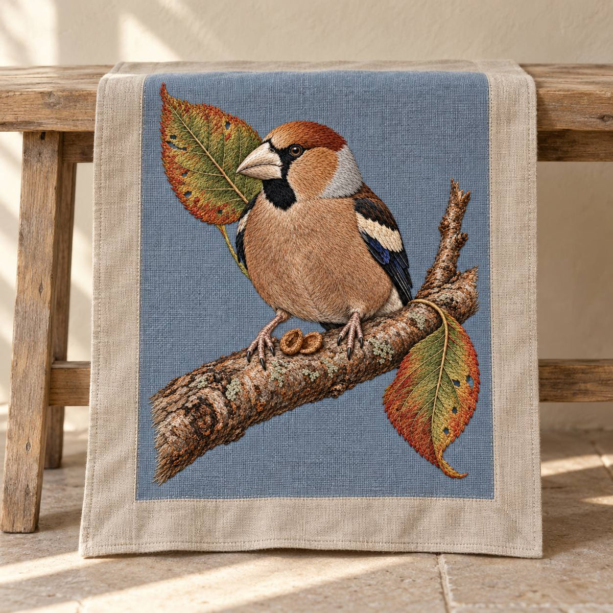 Hawfinch at the Cracked Cherry Stone visual mockup shown on a textile runner over a console, with the design on muted pale blue-grey linen.