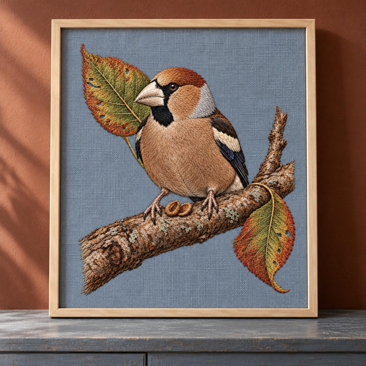 Hawfinch at the Cracked Cherry Stone visual mockup shown as a framed textile in a gallery niche, with the design on muted pale blue-grey linen.