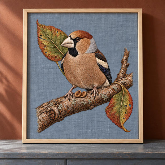 Hawfinch at the Cracked Cherry Stone visual mockup shown as a framed textile in a gallery niche, with the design on muted pale blue-grey linen.