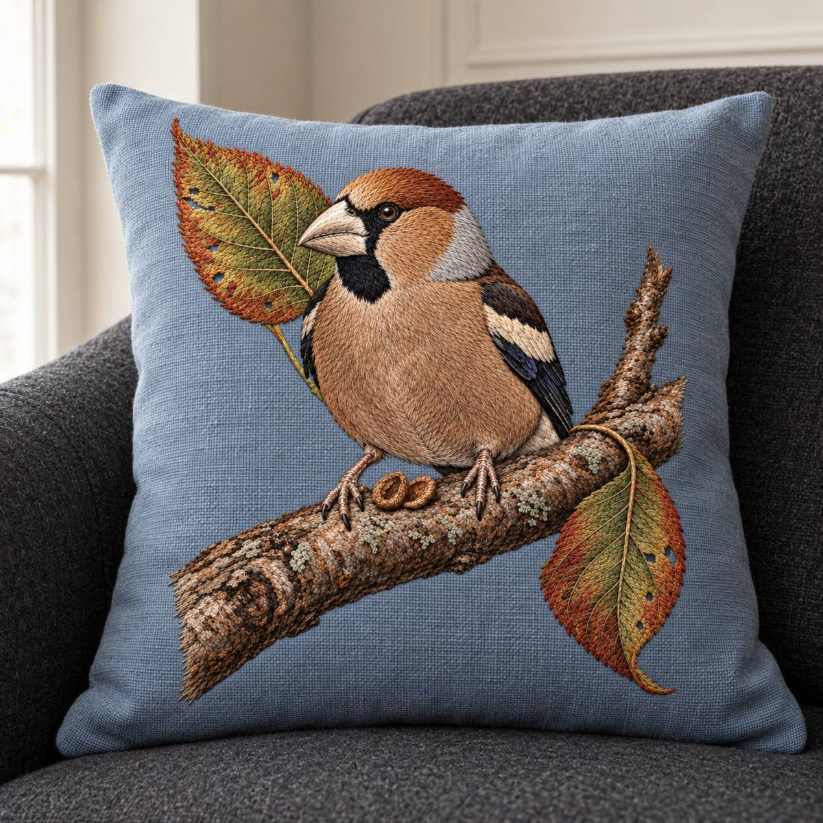 Hawfinch at the Cracked Cherry Stone visual mockup shown on a cushion in a lounge chair, with the design on muted pale blue-grey linen.