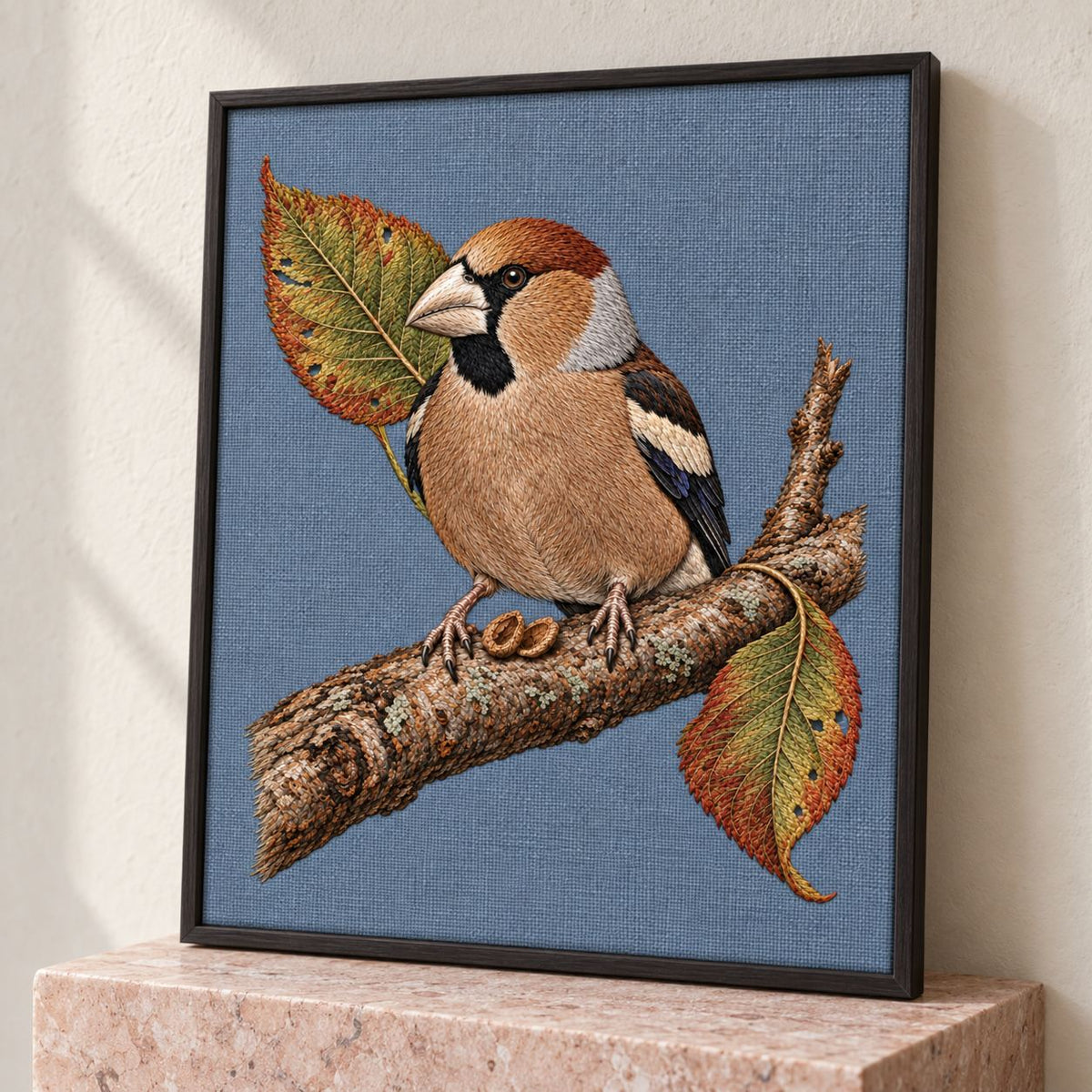 Hawfinch at the Cracked Cherry Stone visual mockup shown in a frame leaning on a mantel, with the design on muted pale blue-grey linen.